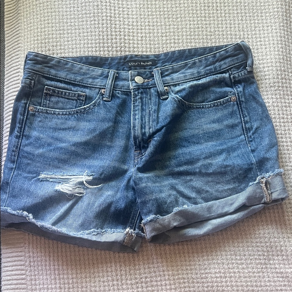 Lucky Brand Rolled Hem Distressed Denim Shorts in Blue Wash